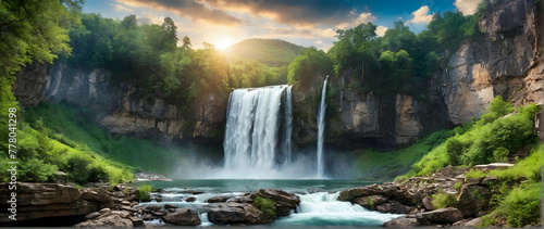 Photo real as Majestic Falls Witness the grandeur of a waterfall panorama in a lush setting. in nature and landscapes theme  for advertisement and banner  Full depth of field  high quality  include co