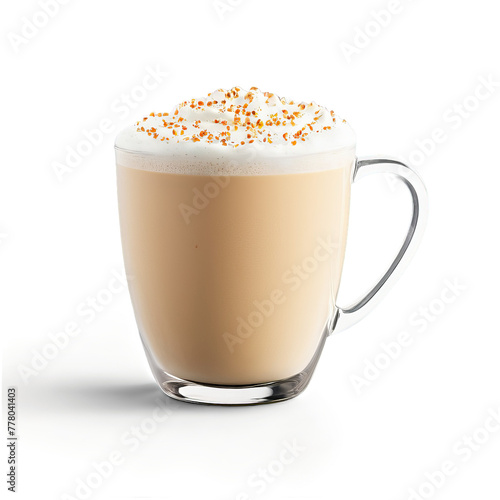 Vanilla bean latte in a clear glass mug with specks of vanilla bean throughout the