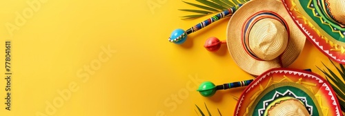 a party background shows a Mexican fiesta theme with maracas and sombrero hats on a yellow banner.
