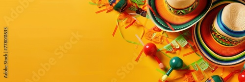 a party background shows a Mexican fiesta theme with maracas and sombrero hats on a yellow banner. photo