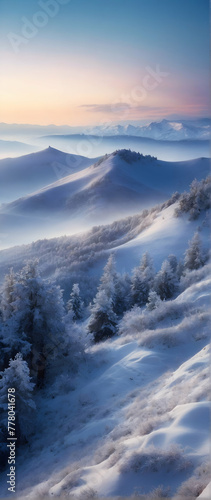 Photo real as Snowy Serenade Gentle snowflakes falling on undisturbed snowy hills at dusk. in nature and landscapes theme ,for advertisement and banner ,Full depth of field, high quality ,include copy