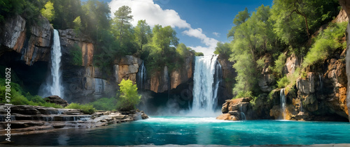 Photo real as Waterfall Majesty A towering waterfall cascading into a crystal clear pool below. in nature and landscapes theme ,for advertisement and banner ,Full depth of field, high quality ,include