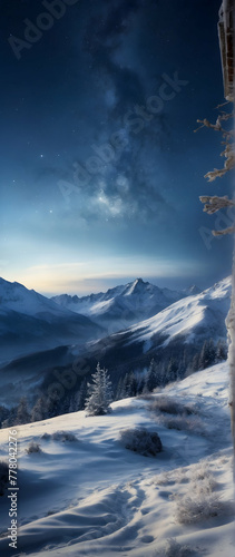 Photo real as Winter Whisper Snowy hills under a starry sky evoke a winter wonderland. in nature and landscapes theme ,for advertisement and banner ,Full depth of field, high quality ,include copy spa © Gohgah