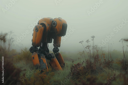 Sad lonely robot in field in fog in devastated apocalyptic world of future