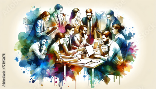 for advertisement and banner as Collaborative Colors Dynamic watercolor strokes capture the essence of team collaboration. in watercolor office room theme ,Full depth of field, high quality ,include c