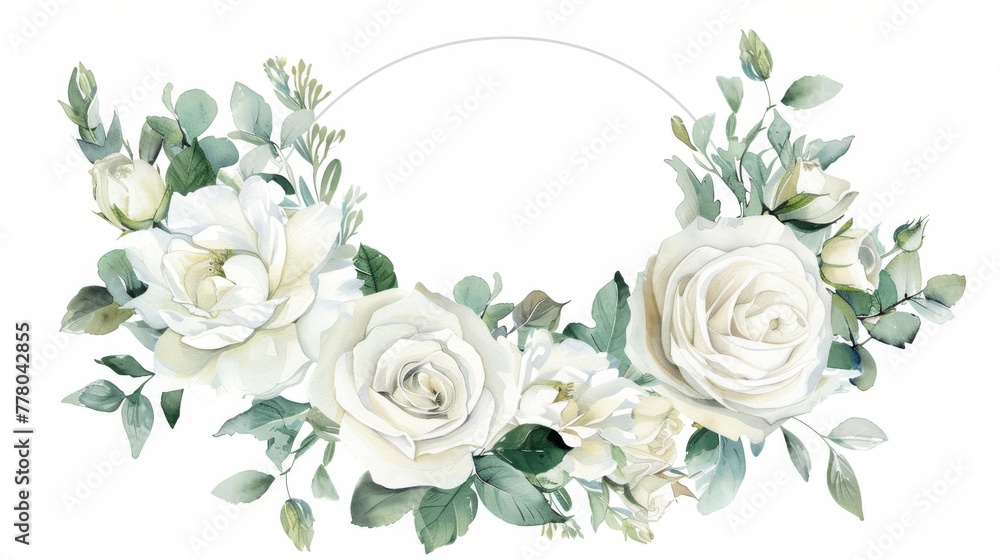 Sophisticated watercolor wreath of white roses and greenery in a silver circle frame,