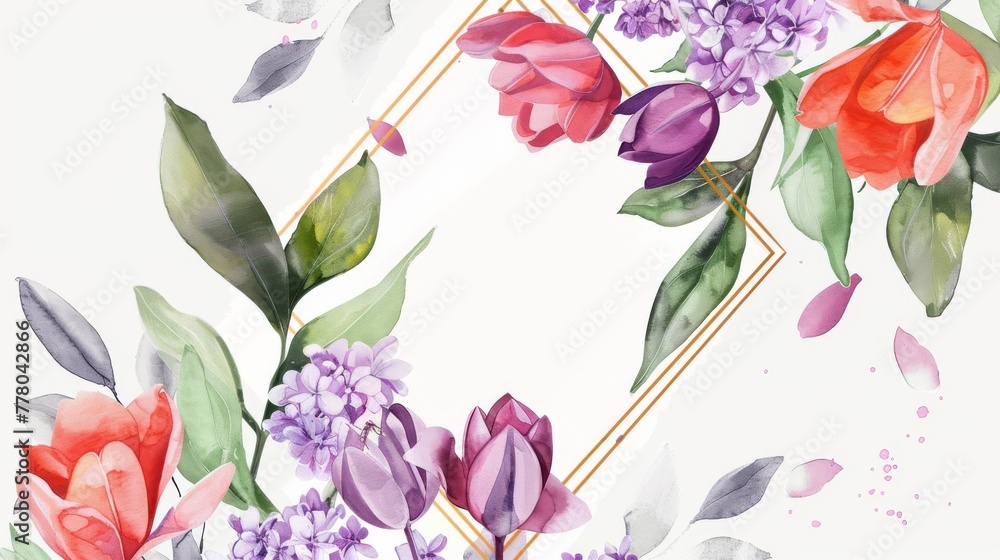 Sophisticated watercolor wreath of lilacs and tulips within a diamond frame,