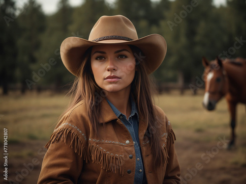Cowgirl with a horse at a ranch