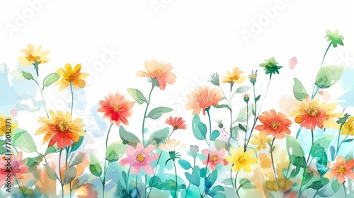 Summery watercolor bouquet with zinnias and sunflowers, bright minimalistic background,