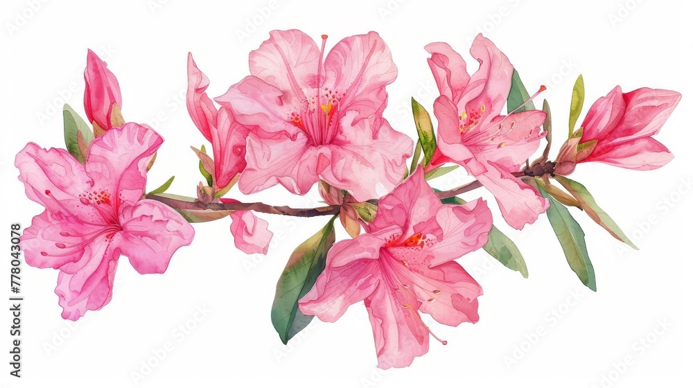 Watercolor azalea, bright and detailed, isolated on simple background,