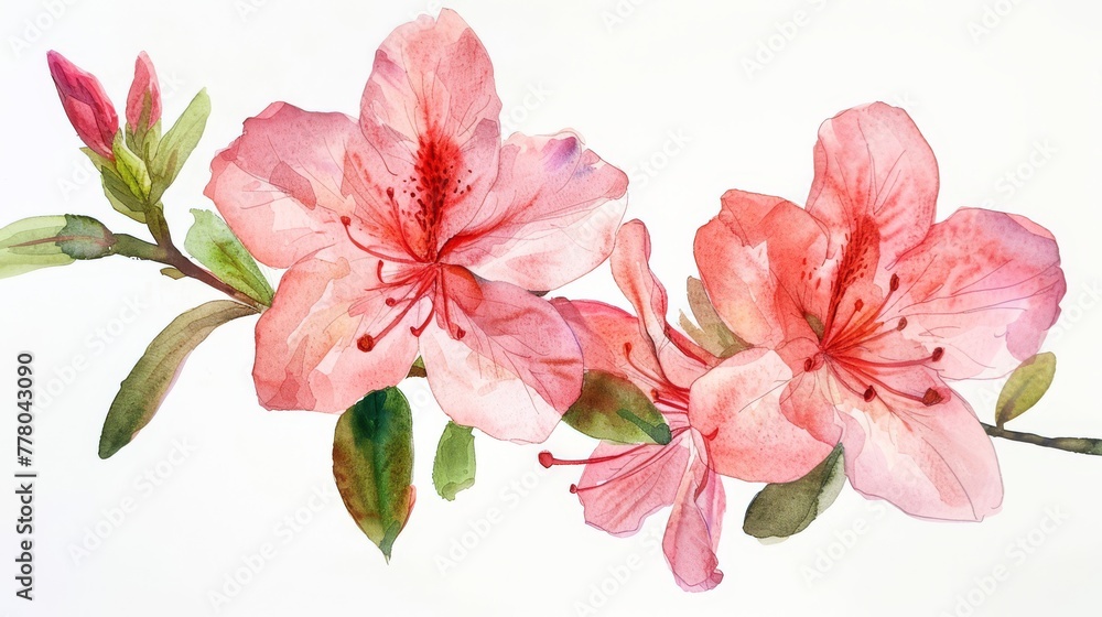 Watercolor azalea, bright and detailed, isolated on simple background,