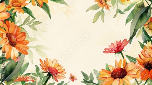 Watercolor calendula and echinacea wreath in an ellipse frame, isolated on a bright backdrop,