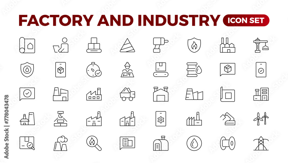Industry and production line icons collection. Factory, plant, manufacture, tools icons. UI icon set. Thin outline pack. Vector illustration.Set of industry Icons. Simple art style. Outline icon set. Industry and production line icons collection. Factory, plant, manufacture, tools icons. UI icon set. Thin outline pack. Vector illustration.Set of industry Icons. Simple art style. Outline icon set.