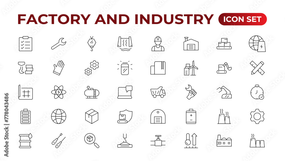 Industry and production line icons collection. Factory, plant, manufacture, tools icons. UI icon set. Thin outline pack. Vector illustration.Set of industry Icons. Simple art style. Outline icon set. Industry and production line icons collection. Factory, plant, manufacture, tools icons. UI icon set. Thin outline pack. Vector illustration.Set of industry Icons. Simple art style. Outline icon set.