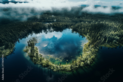 Aerial view of Misty Forest Lake. Generative AI