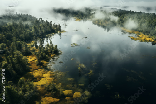 Aerial view of Misty Forest Lake. Generative AI © Dima