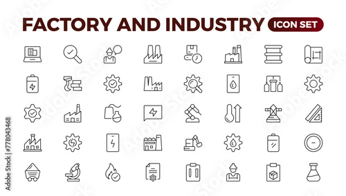 Industry and production line icons collection. Factory, plant, manufacture, tools icons. UI icon set. Thin outline pack. Vector illustration.Set of industry Icons. Simple art style. Outline icon set.