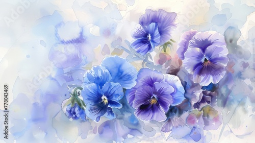 Soft watercolor bouquet of baby blue eyes and pansies  simple bright background 
