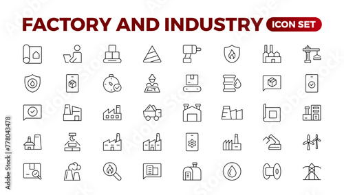 Industry and production line icons collection. Factory, plant, manufacture, tools icons. UI icon set. Thin outline pack. Vector illustration.Set of industry Icons. Simple art style. Outline icon set.