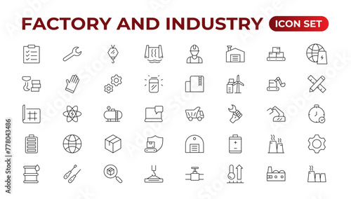Industry and production line icons collection. Factory, plant, manufacture, tools icons. UI icon set. Thin outline pack. Vector illustration.Set of industry Icons. Simple art style. Outline icon set.