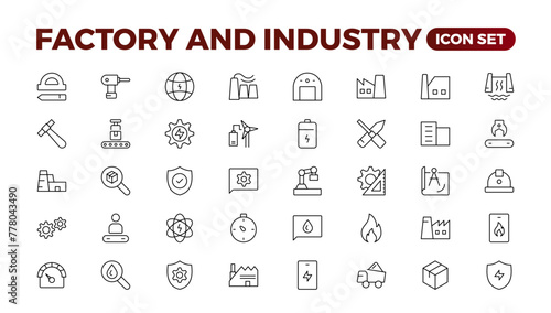 Industry and production line icons collection. Factory, plant, manufacture, tools icons. UI icon set. Thin outline pack. Vector illustration.Set of industry Icons. Simple art style. Outline icon set.