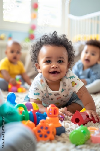 Portrait of a baby in the foreground and playing with a bunch of toys on the floor, looking happy and excited, in a bright nursery. In the background are two other happy children