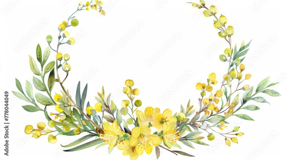 Watercolor wreath of delicate mimosa and freesia in a teardrop frame, professional design, Watercolor wreath of delicate mimosa and freesia in a teardrop frame, professional design,