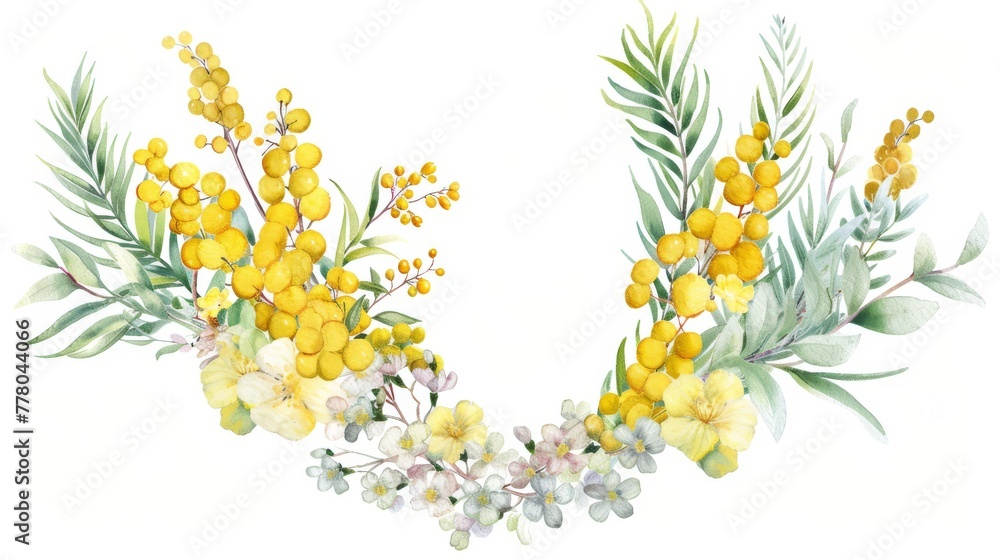 Watercolor wreath of delicate mimosa and freesia in a teardrop frame, professional design,