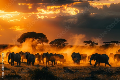 Elephant Herd Marching Through Dusty African Sunset. 