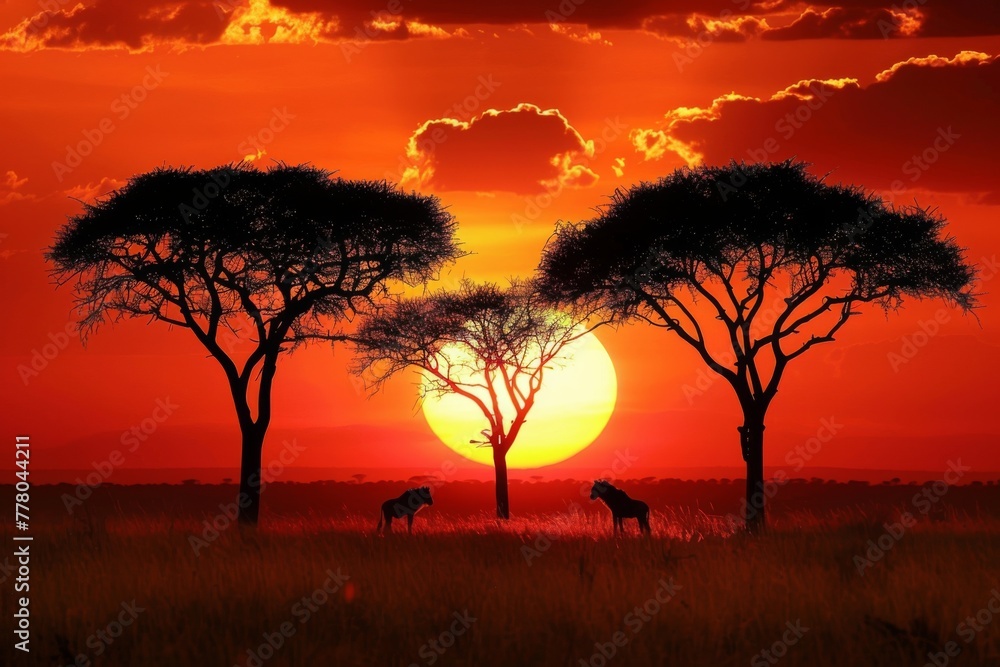 Iconic African Sunset with Silhouetted Acacia Trees. 