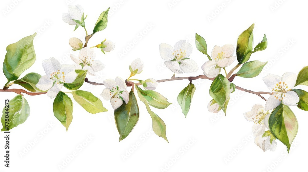 Obraz premium Watercolor jasmine branch, delicate flowers, bright simple backdrop,