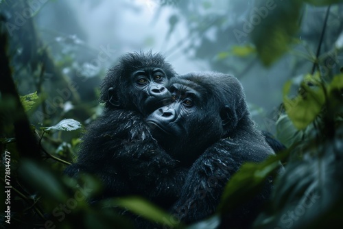 Gorilla Mother's Gentle Gaze with Her Young in Misty Forest.  © ZeeZaa
