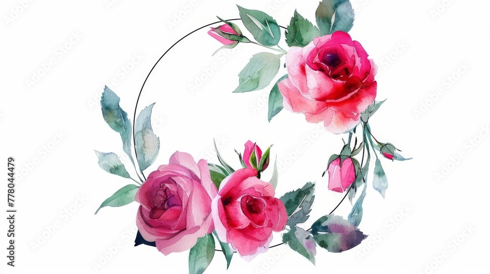 Watercolor rose wreath in a circle frame, isolated on bright background,