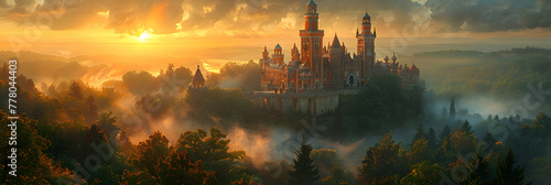 Enchanting Fairy Tale Castle on Hilltop, Castle in the mountains at sunset. Fairytale landscape. 3d render, perched upon a magical hill, surrounded by a spectacular array of towering spires and enchan
