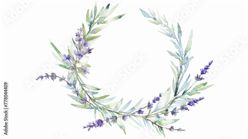 Watercolor mint and lavender wreath in a square frame, bright and simple backdrop,