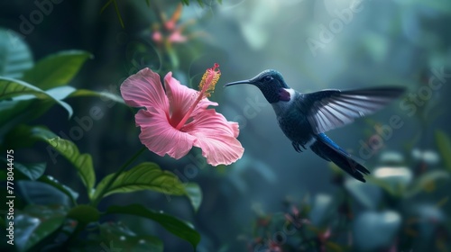  Hummingbird Violet Sabrewing flying next to beautiful pink flower in tropical forest photo