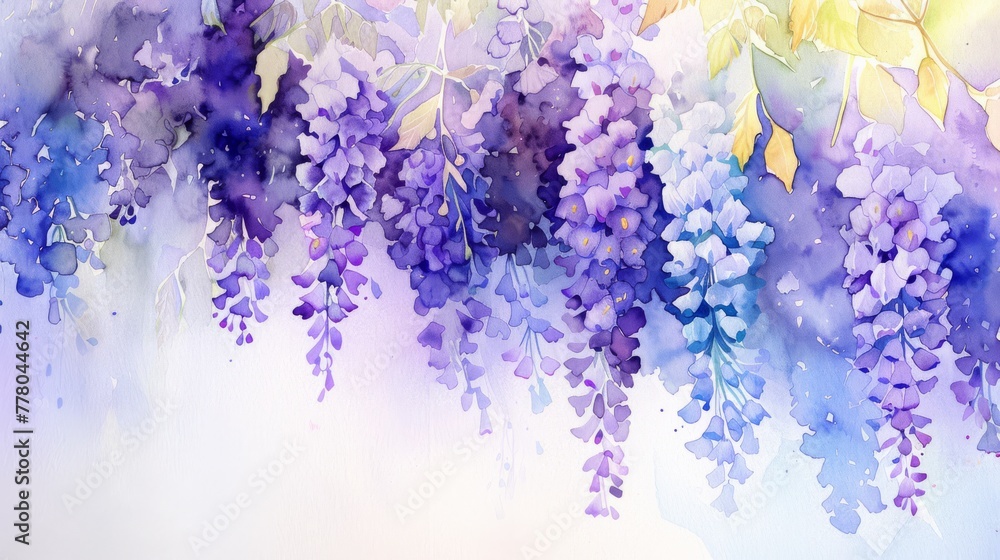 Watercolor wisteria, drooping clusters, bright simple backdrop,