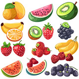 Clipart illustration featuring a various of fresh summer fruits on white background. Suitable for crafting and digital design projects.[A-0003]
