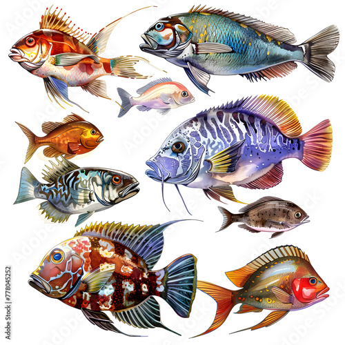 Clipart illustration featuring a various of fish on white background. Suitable for crafting and digital design projects.[A-0003]