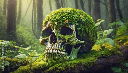 Skull with moss in the forest. Halloween concept.
