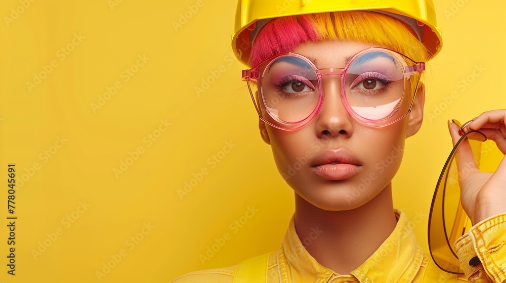 Futuristic-looking close-up portrait of a beautiful woman model wears a work helmet and pink glasses. short hair pink and yellow. Minimalist studio photography. Labor day. 1st May Futuristic-looking close-up portrait of a beautiful woman model wears a work helmet and pink glasses. short hair pink and yellow. Minimalist studio photography. Labor day. 1st May