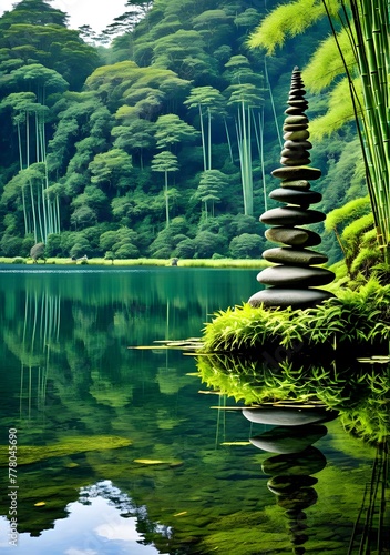 A meticulously arranged pyramid of aged, moss-speckled stones, supported by a precisely stacked row of tall, slender bamboo stalks near the edge of a serene, placid lake, a singular, skillfully balanc photo