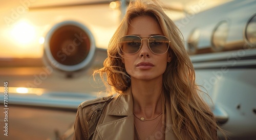 Beautiful young businesswoman next to private jet ready for business trip on worm summer evening.Macro.AI Generative.