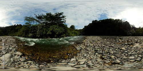 A river in a rainforest. Bukit Lawang. Sumatra, Indonesia. VR 360.