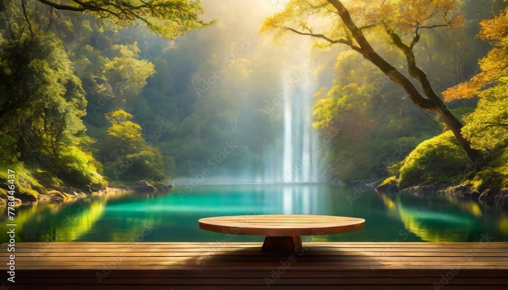 Empty wooden table and blurred background of beautiful waterfall. For product display Empty wooden table and blurred background of beautiful waterfall. For product display