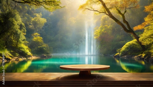 Empty wooden table and blurred background of beautiful waterfall. For product display