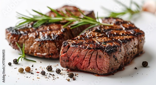 Two beef sirloin fillet grilled steaks with pepper and rosemary on white background.Macro.AI Generative.
