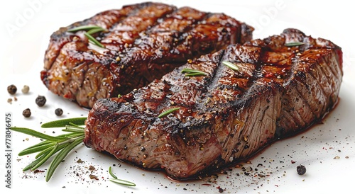 Two beef sirloin fillet grilled steaks with pepper and rosemary on white background.Macro.AI Generative.