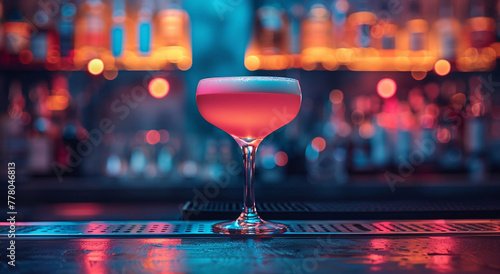 Cold alcoholic pink sour cocktail on bar counter in night club.Macro.AI Generative. photo