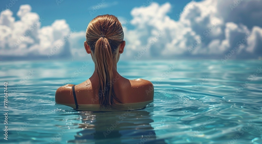 Rear view of young woman relaxing in calm sea water on the beach during summer holidays.Macro.AI Generative. Rear view of young woman relaxing in calm sea water on the beach during summer holidays.Macro.AI Generative.